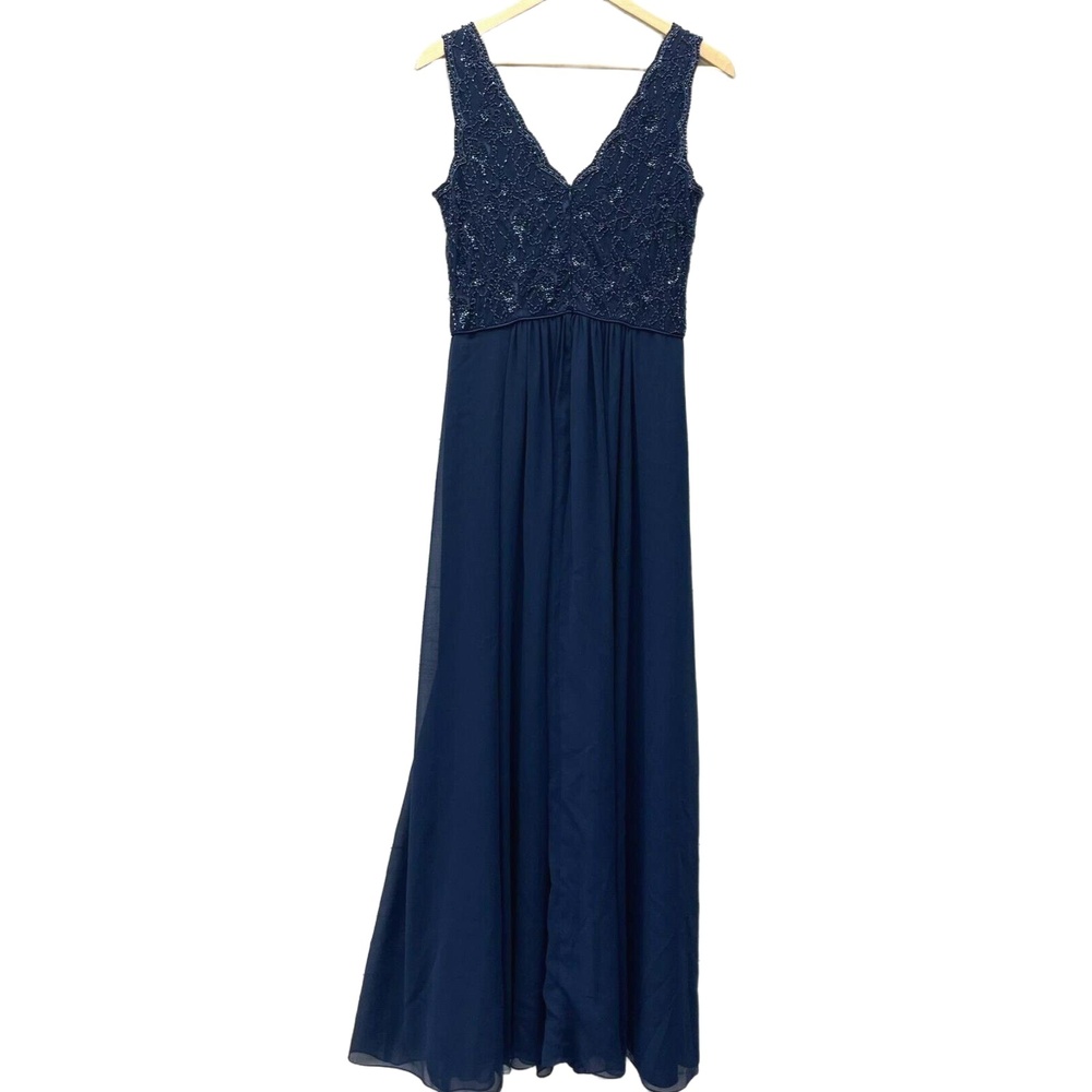 HOBBS VICKY SHEER NAVY BLUE CHIFFON BEADED EVENING homecoming DRESS Size 6  $525